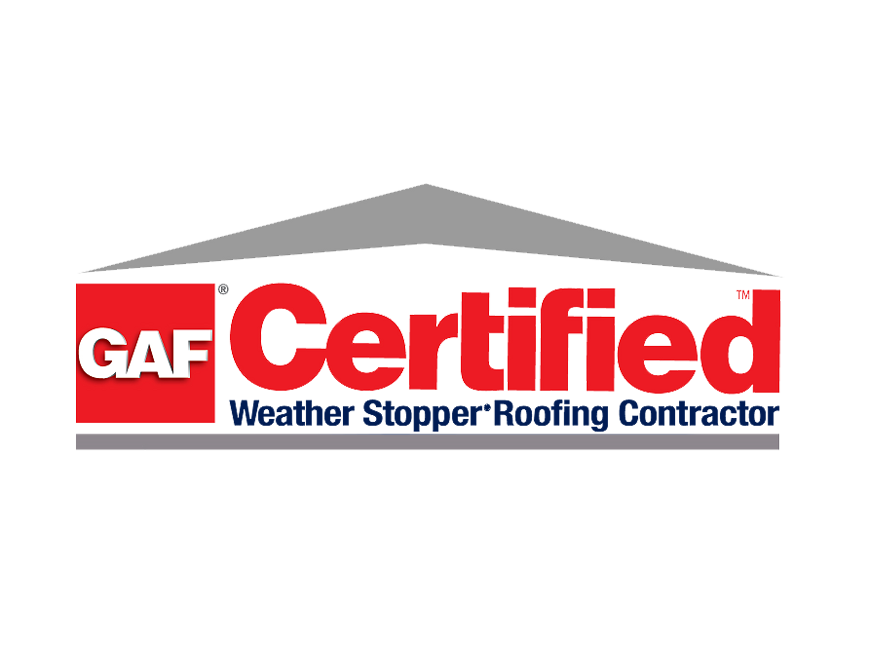 GAF Certified Weather Stopper Roofing Contractor logo. Red, white, and gray.