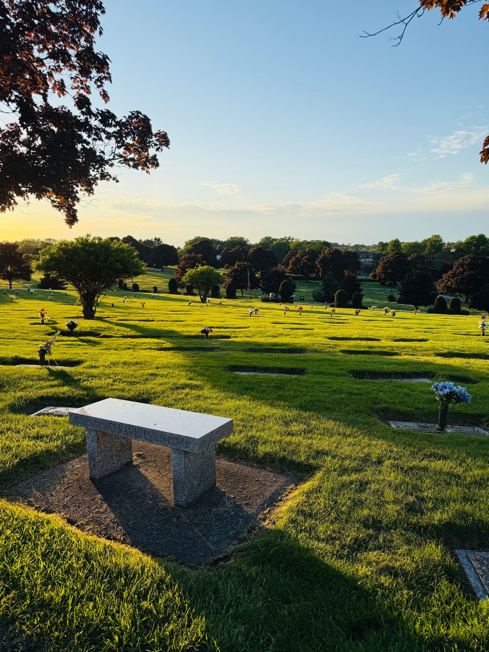 Sunlit park cemetery with rows of grave markers and a stone bench on a green lawn