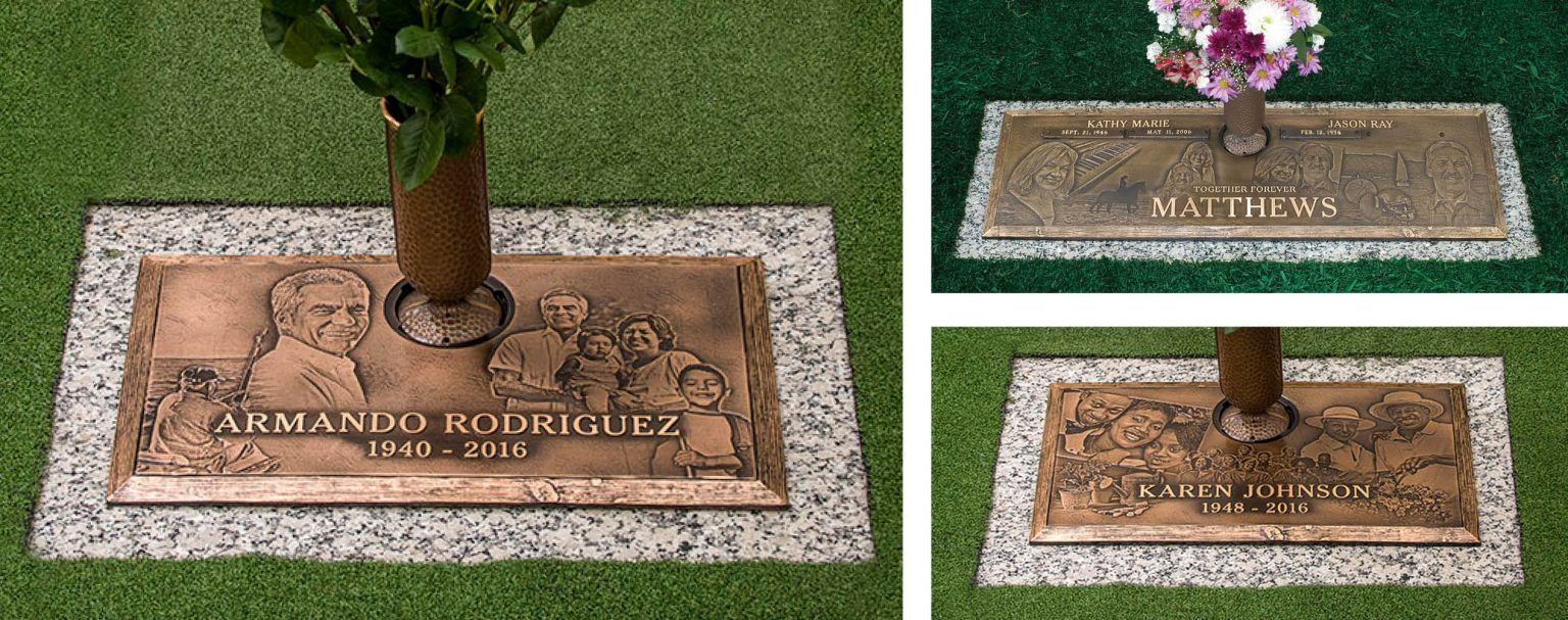 Three views of a granite grave marker with a tree and flowers, set in green grass. Photos of loved ones are stamped into the surface of the bronze