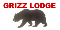 Red GRIZZ LODGE text above a black bear silhouette on a white background