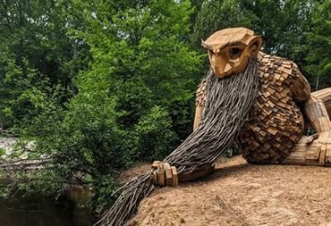 Wooden owl sculpture with long woven beard beside a pond, surrounded by green trees.