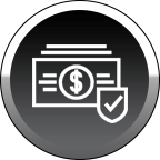 a black button with a dollar bill and a check mark on it .