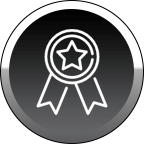 a black button with a white ribbon and a star in the center .