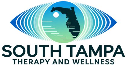 South Tampa Therapy and Wellness logo with blue eye-shaped design and teal wellness figure