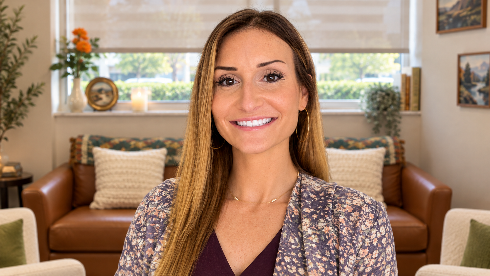 Woman smiling in a cozy living room with a leather sofa, window blinds, and framed wall art.