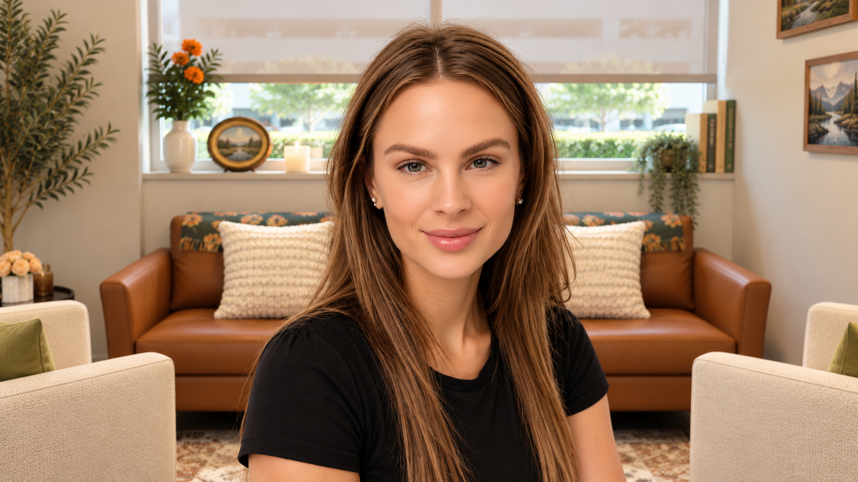 Woman seated in a cozy living room, smiling at the camera, with brown sofas and houseplants behind her.