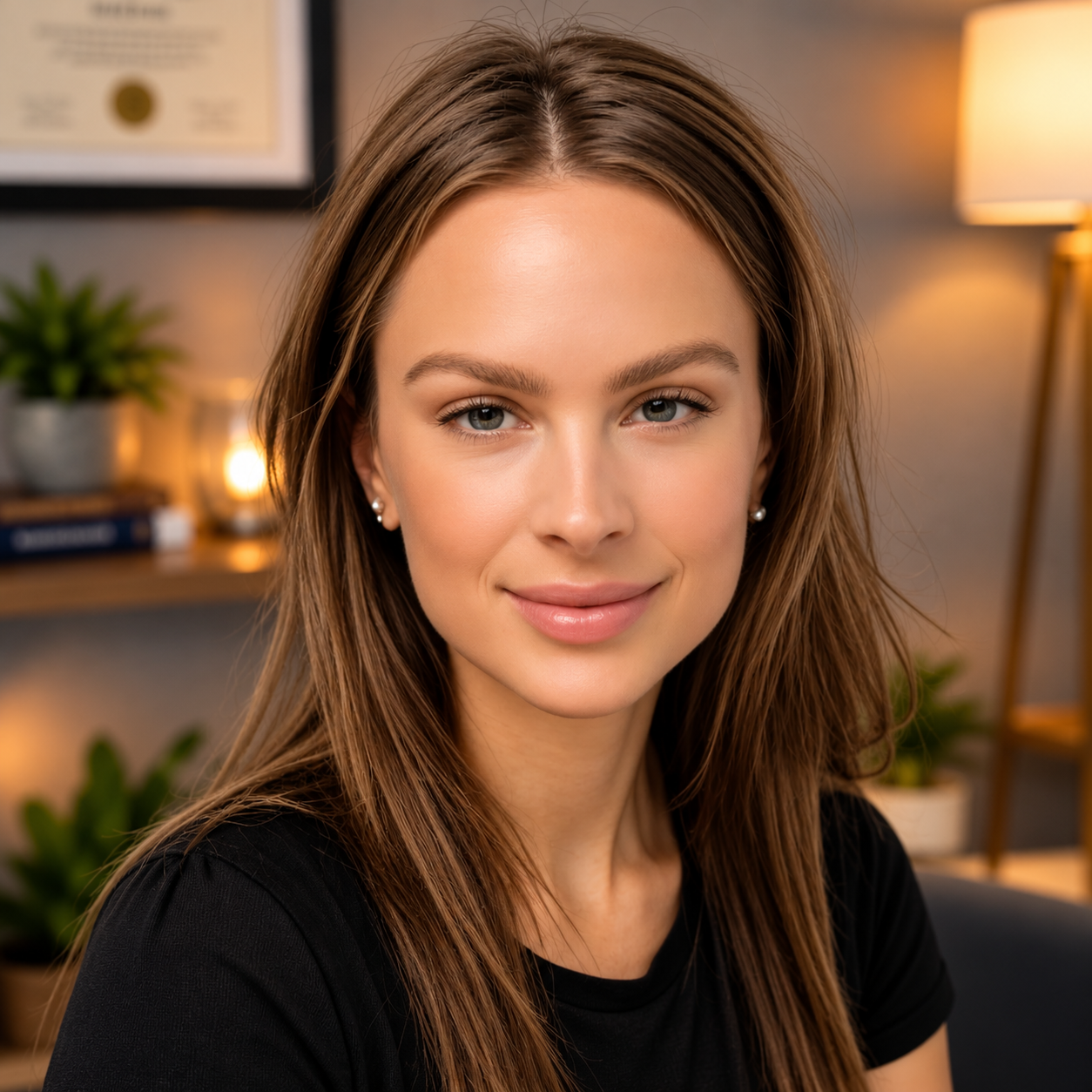 Portrait of a smiling woman in a black shirt in a warm, softly lit room