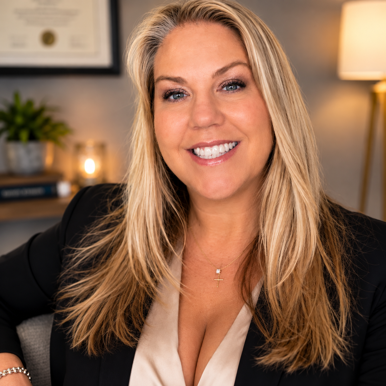 Smiling blonde woman in a black blazer seated in a warmly lit office with a lamp and framed certificate.