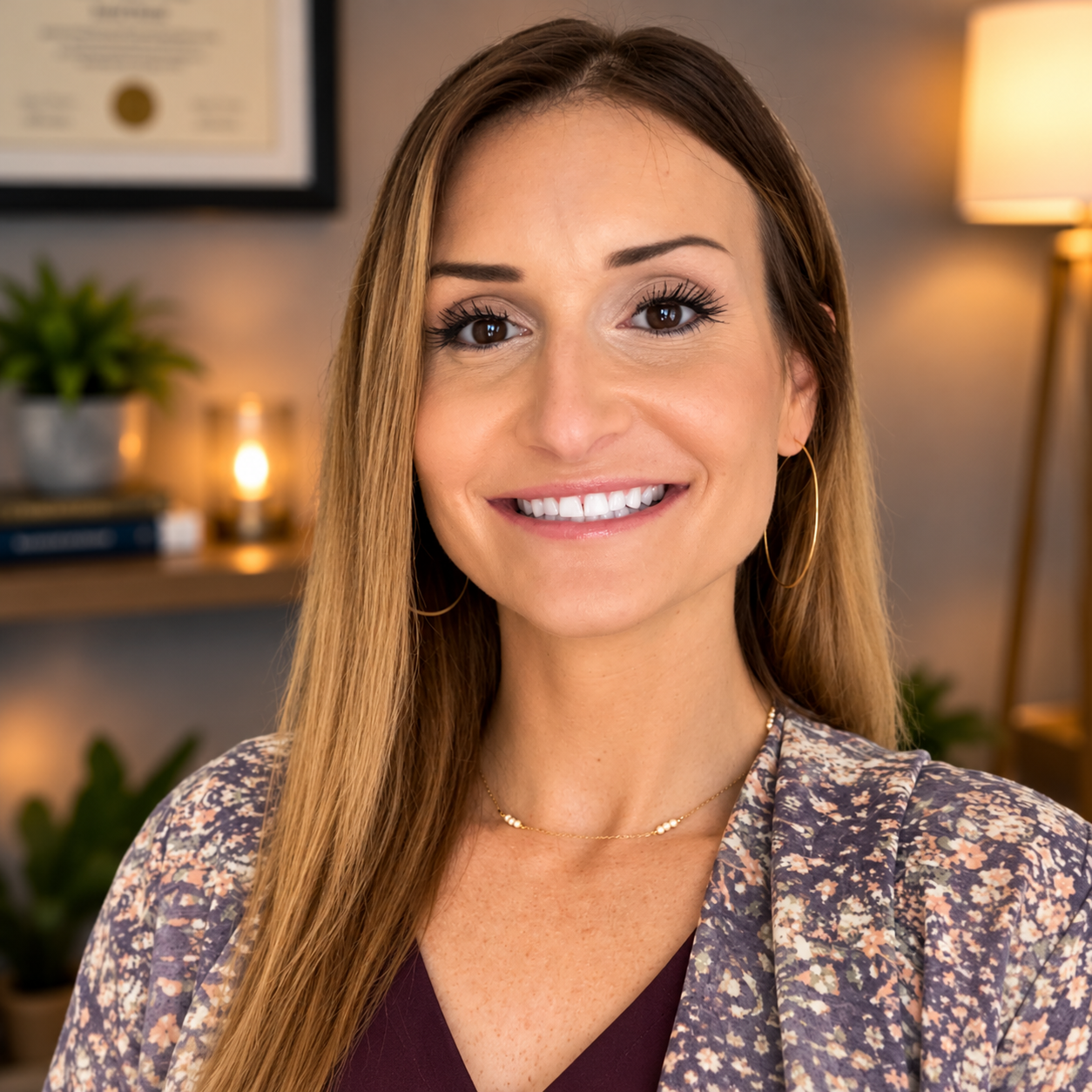 Smiling woman in a floral blouse seated in a warmly lit office with shelves and lamp in the background