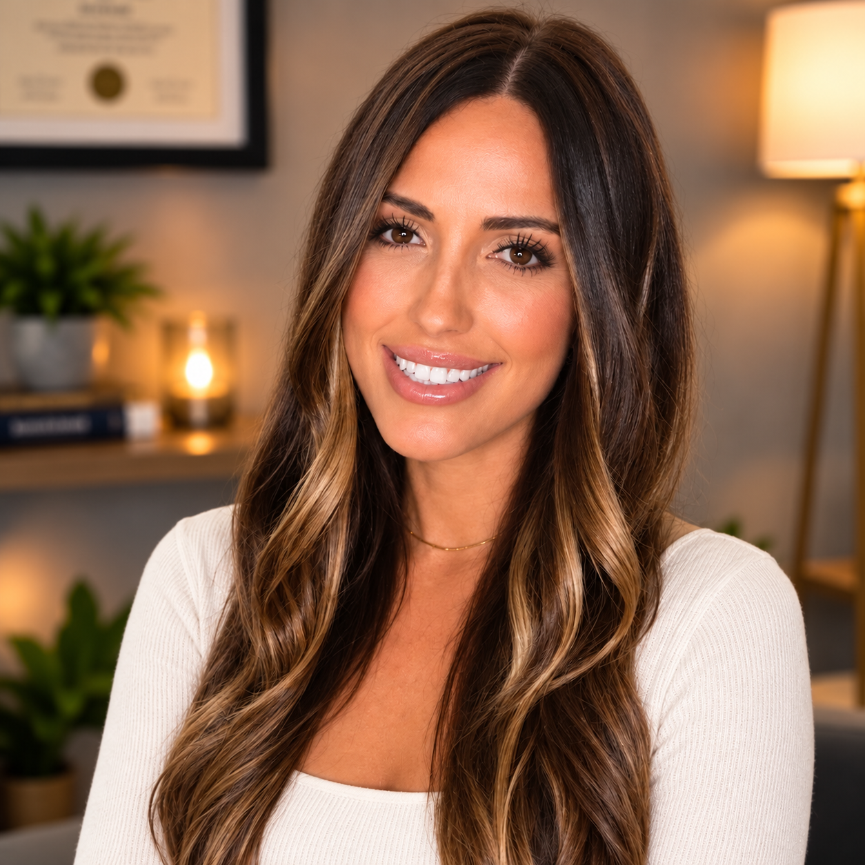Smiling woman with long dark hair in a cozy room, wearing a white top and cardigan.