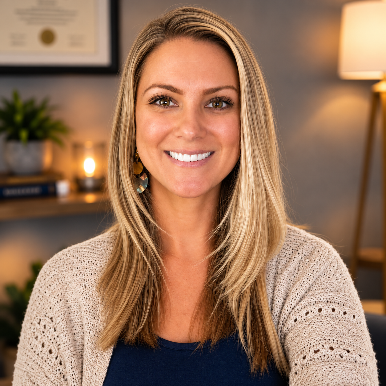 Smiling woman in a cozy office with a framed certificate and lamp in the background