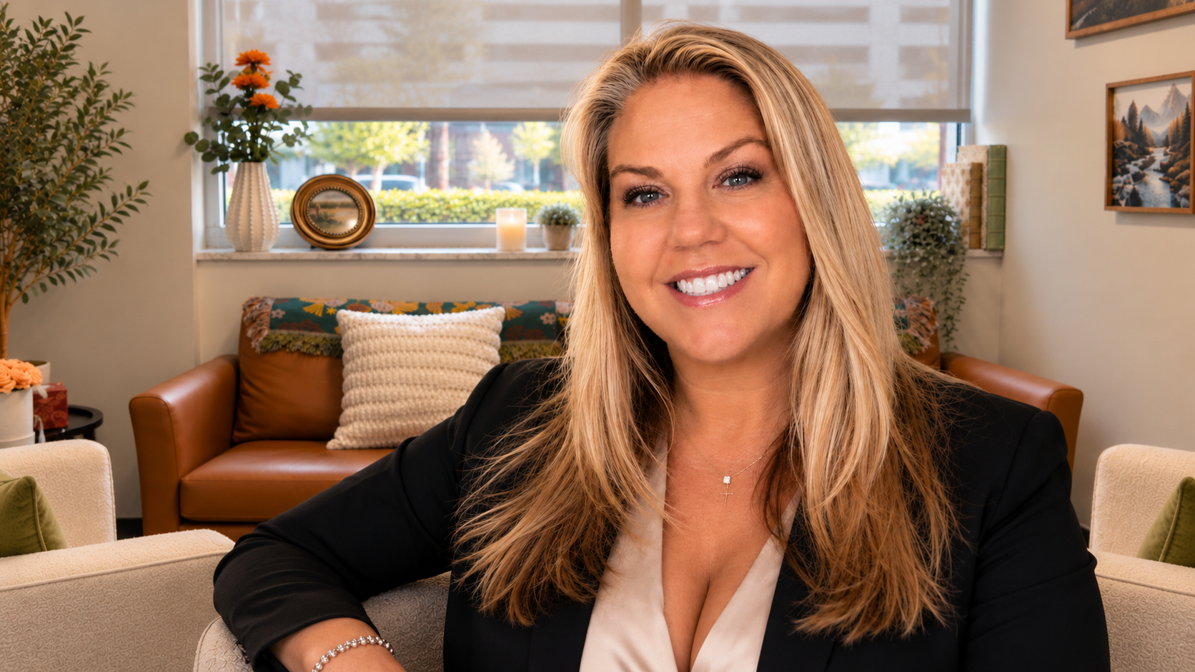 Smiling woman in a black blazer sitting in a bright living room with a couch and window