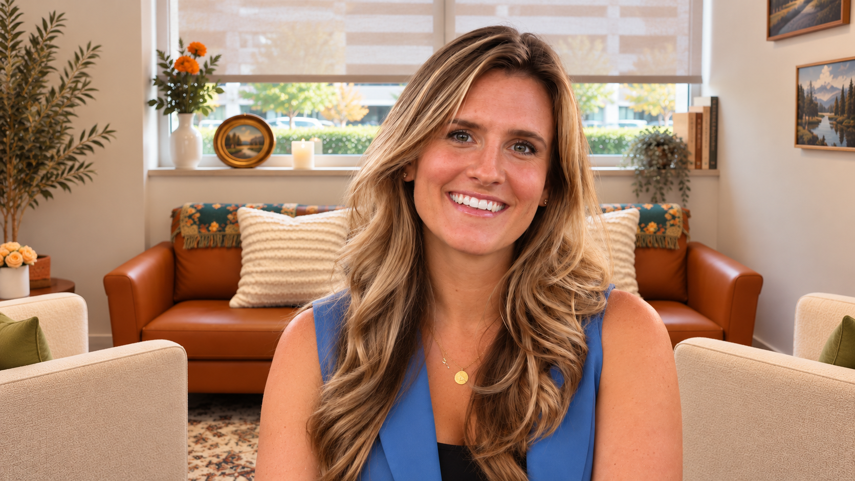 Smiling woman in a blue top sitting in a sunlit living room with tan leather sofa and plants