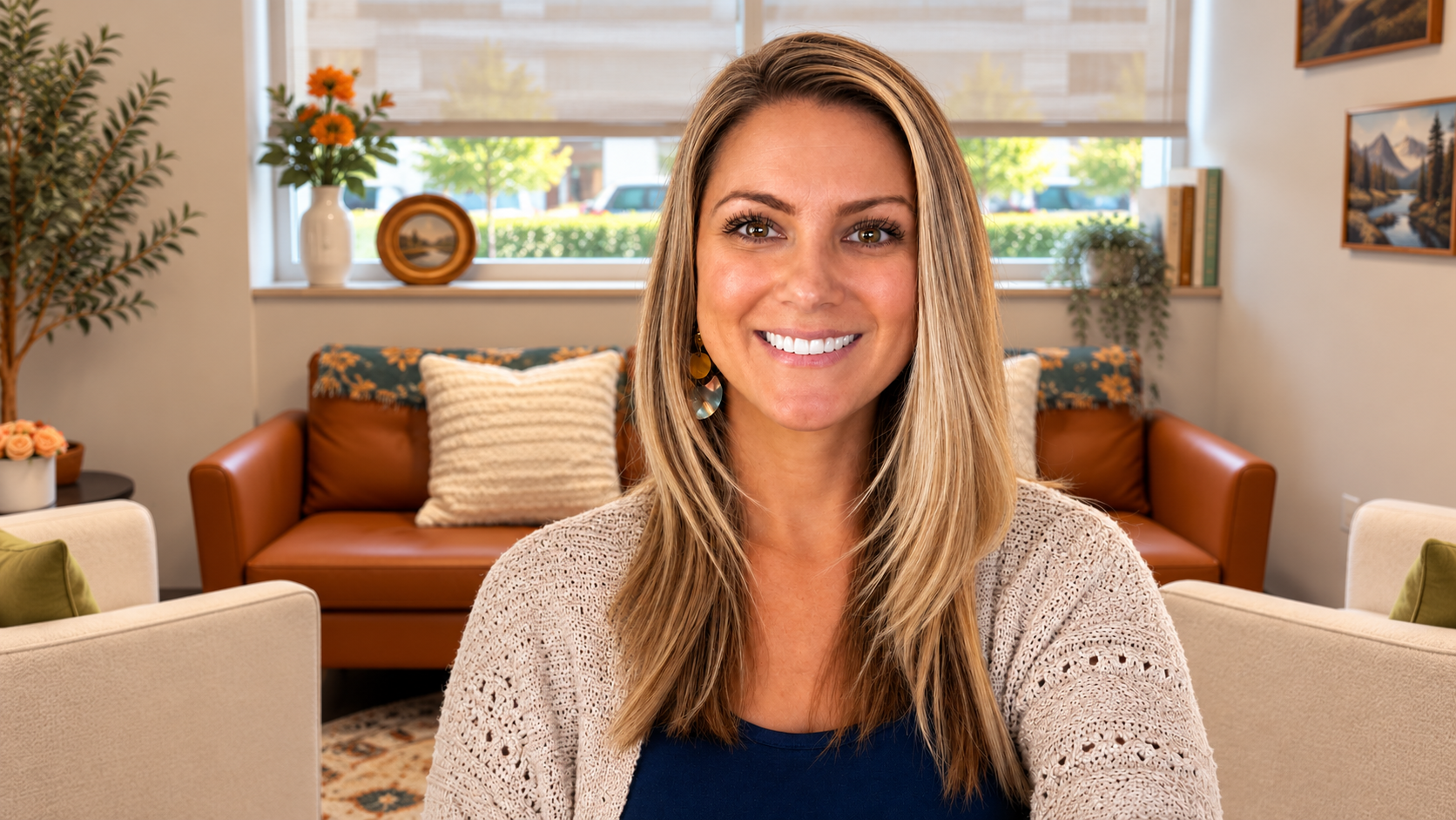 Smiling woman seated in a cozy living room with tan sofa, plants, and soft natural light