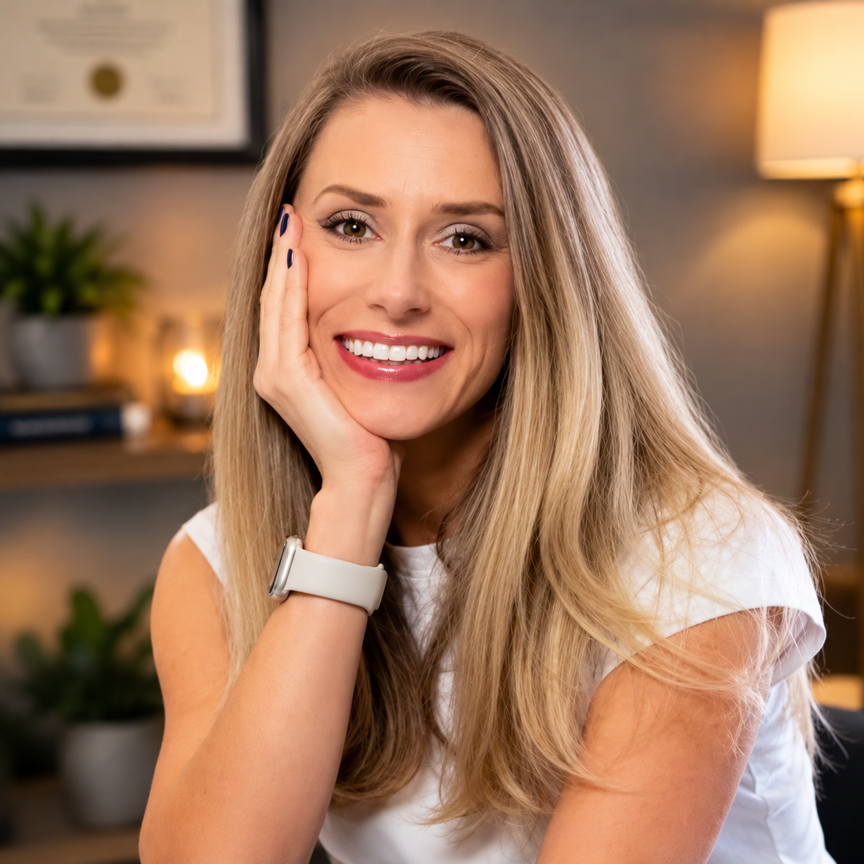 Smiling woman resting her face on her hand in a warm, softly lit room