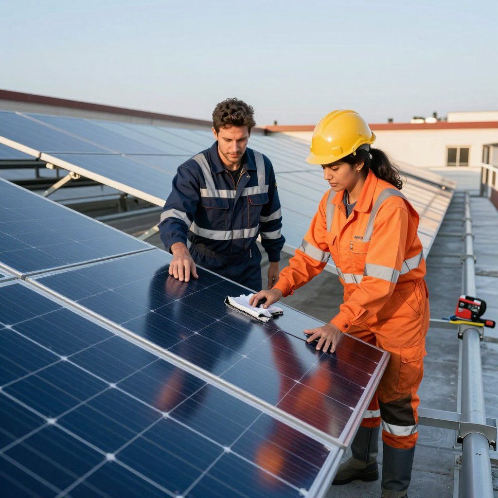 Deux ouvriers inspectent et nettoient les panneaux solaires sur le toit au coucher du soleil.