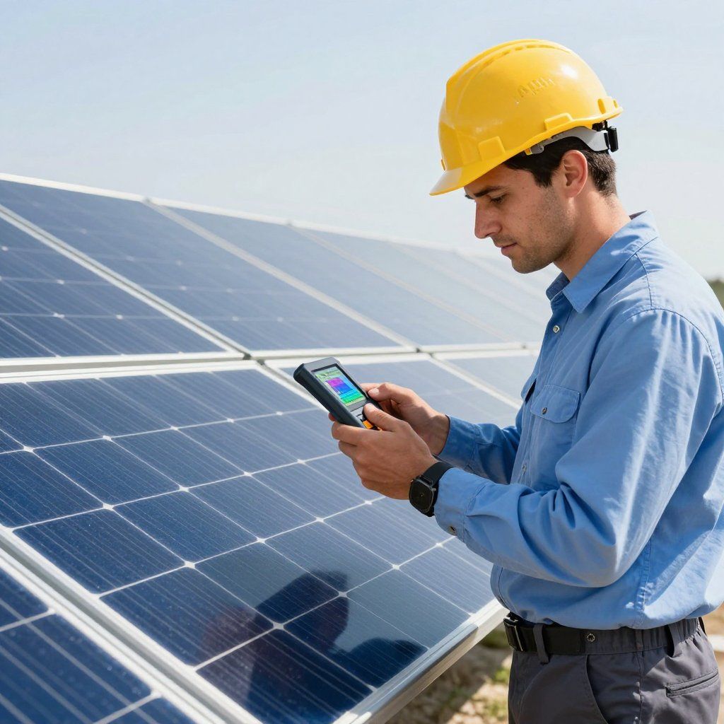 Un technicien portant un casque jaune inspecte des panneaux solaires à l'aide d'une tablette à l'extérieur.