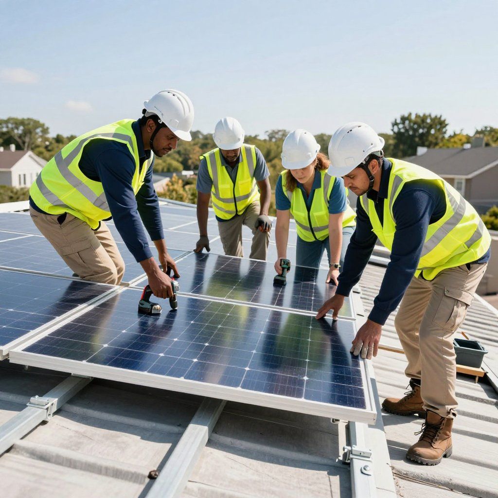 Des ouvriers, vêtus de gilets et de casques de sécurité, installent des panneaux solaires sur un toit sous un ciel dégagé.