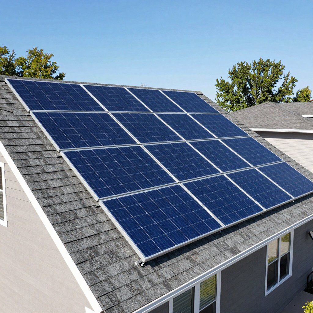 Des panneaux solaires installés sur un toit en bardeaux gris sous un ciel bleu clair