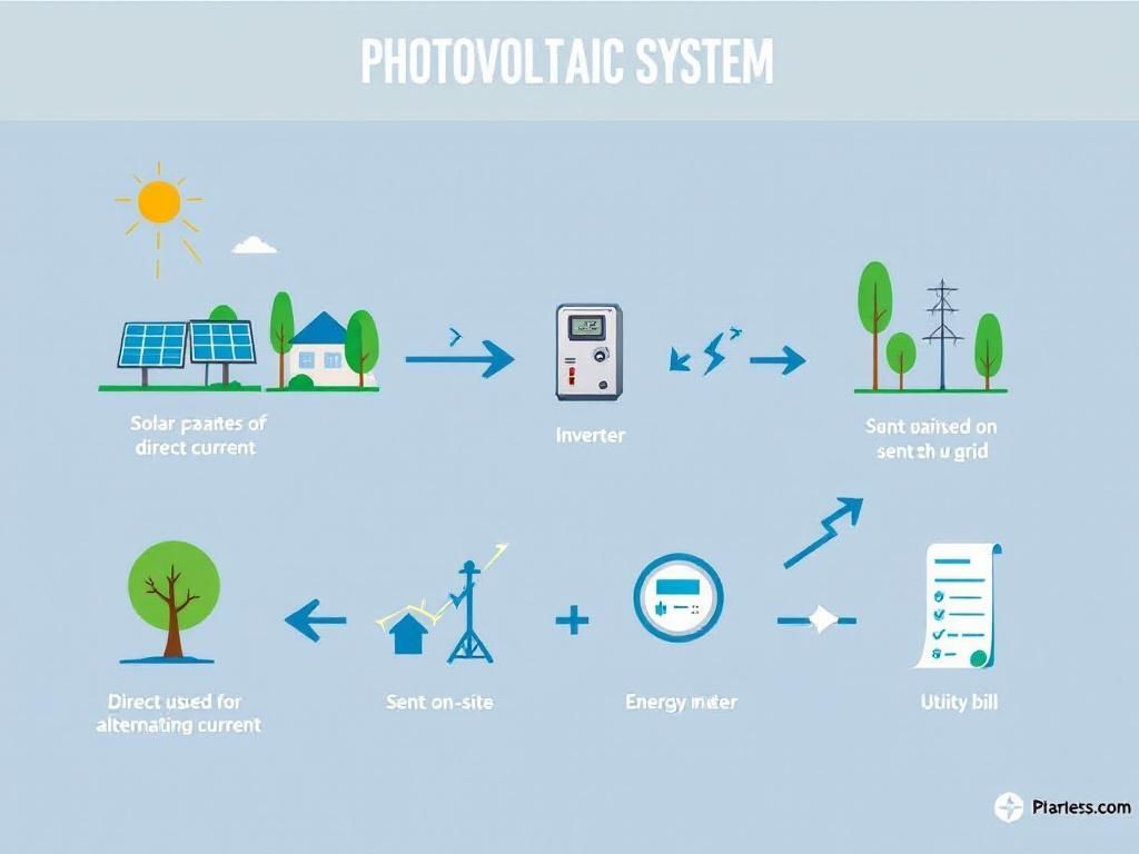 Schéma d'un système photovoltaïque : panneaux solaires vers une maison, puis vers un onduleur, un réseau et retour à la maison.