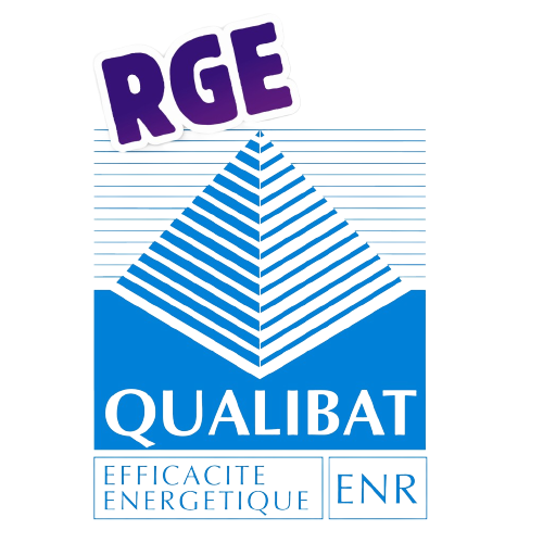 Une pyramide bleue et blanche avec les mots rge qualitat écrits dessus.