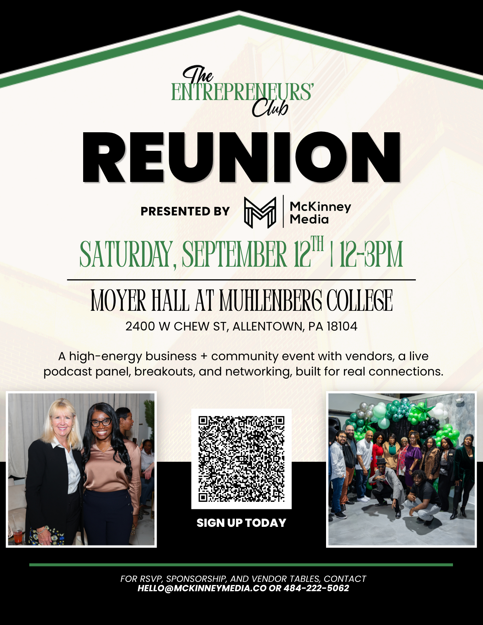 Flyer for “The Entrepreneurs Club REUNION” with event details and photos of attendees.
