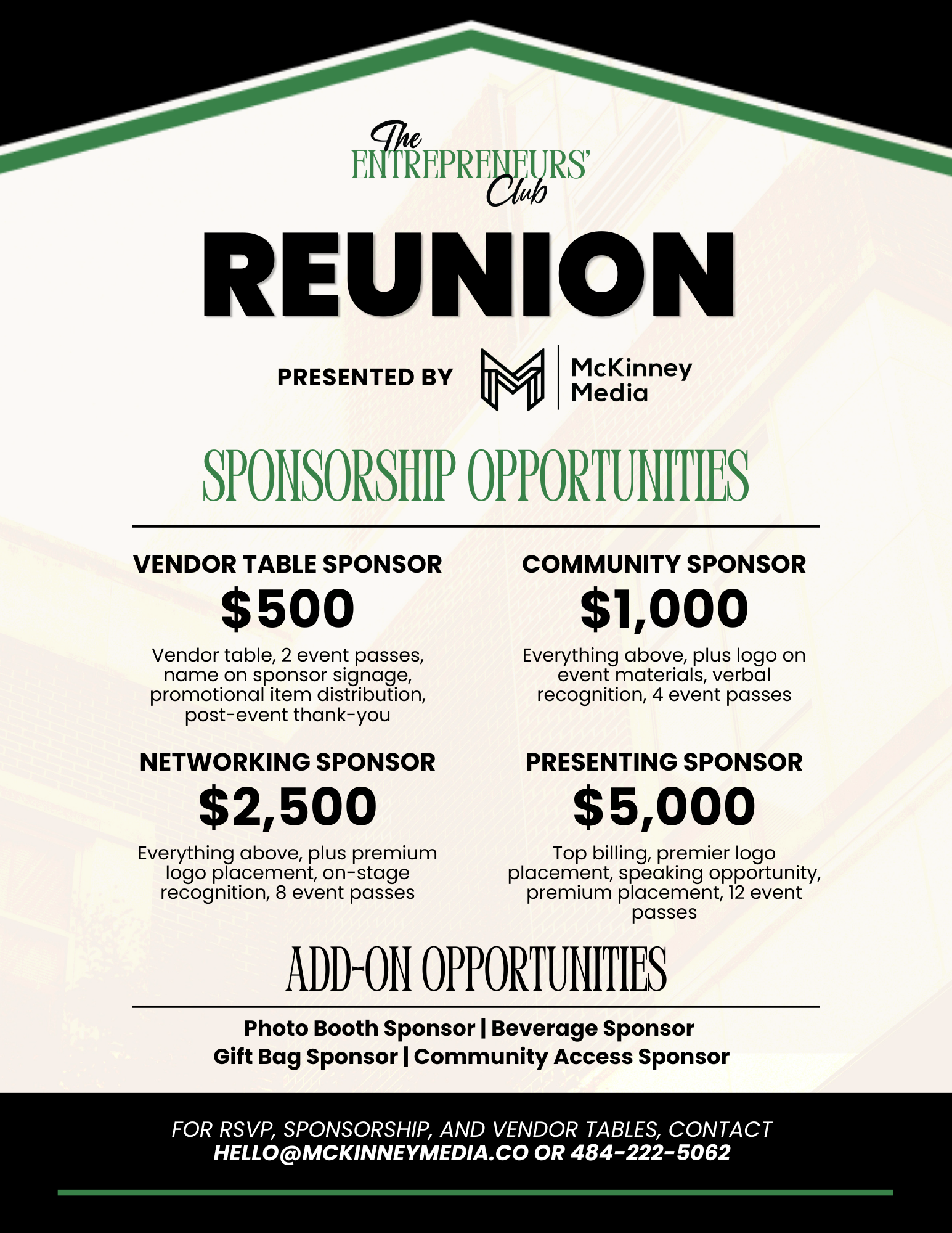 Flyer for the 2024 ReUnion sponsorship opportunities, listing sponsor tiers and prices on a cream and green background