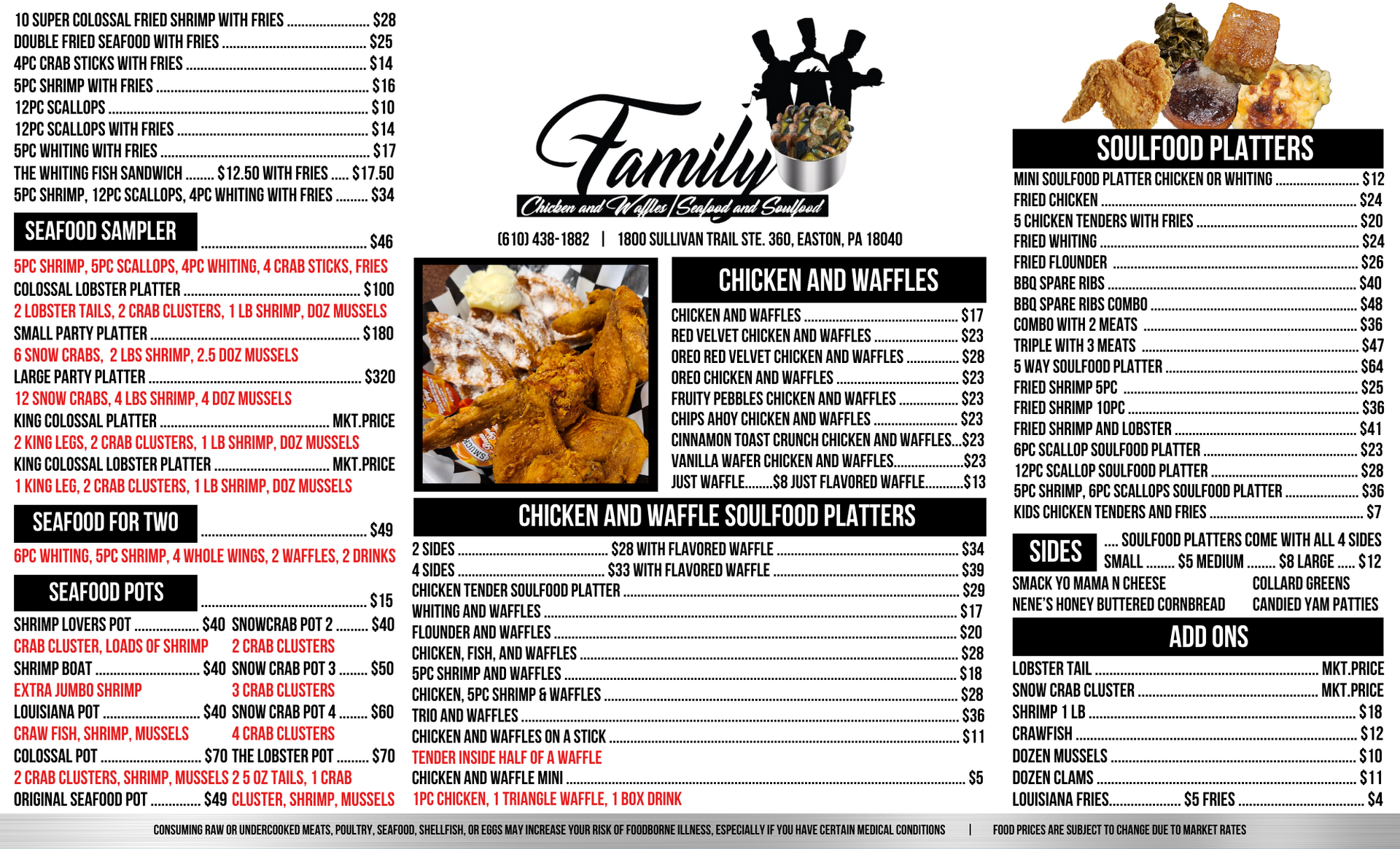 Family-style restaurant menu with logo, food photo, and columns of dishes and prices