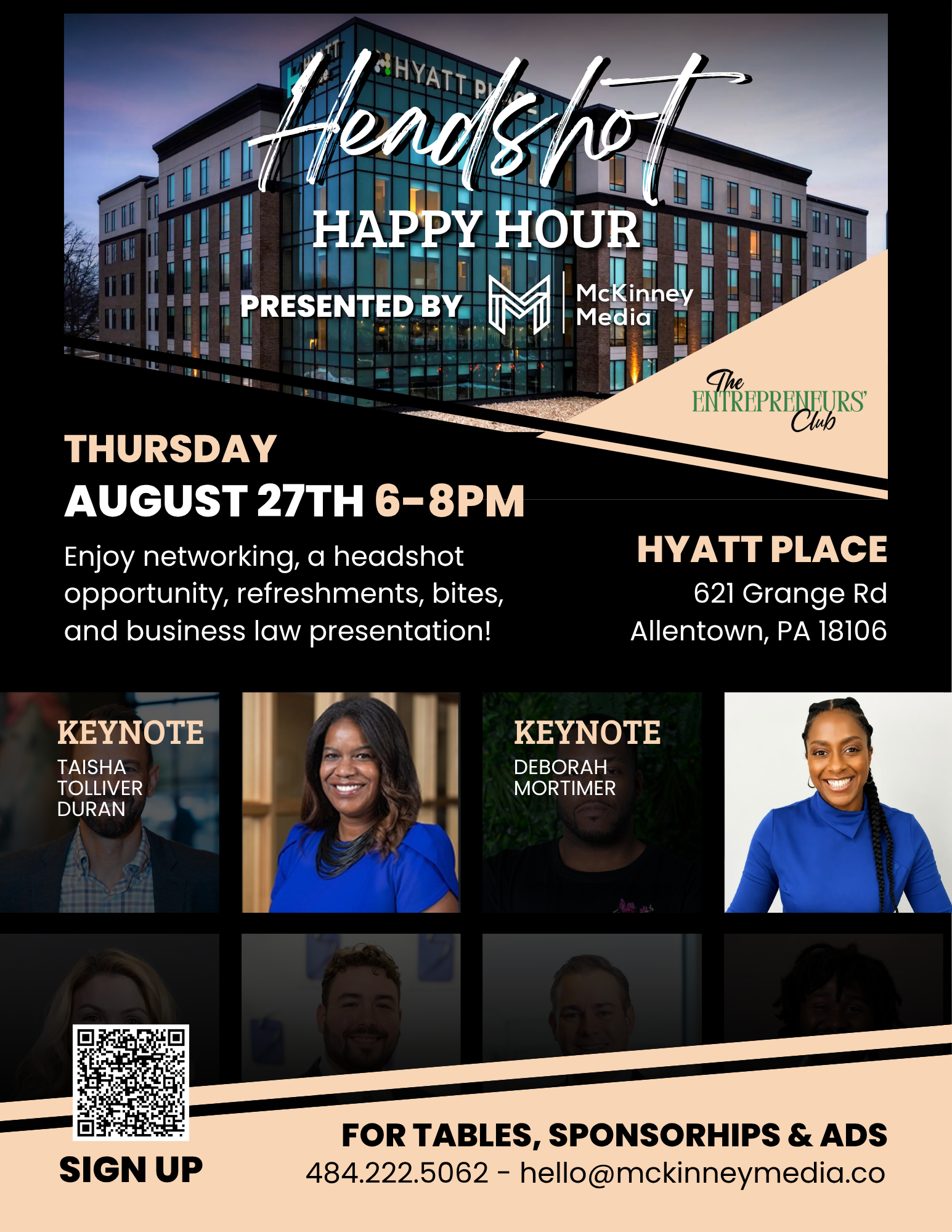 Hawkset Happy Hour event flyer with date, time, speakers, and sign-up details over a poolside backdrop