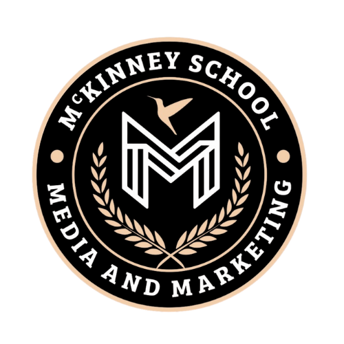 McKinney School Media and Marketing circular logo with black, white, and gold monogram M