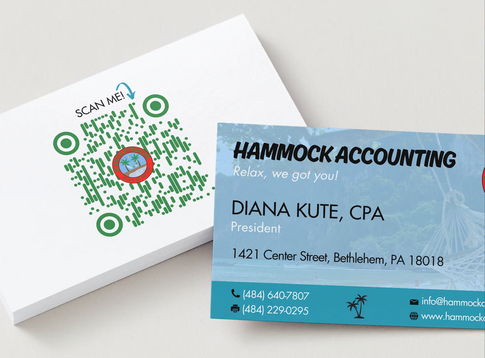 Hammock Accounting business card with QR code and contact details, white and blue design