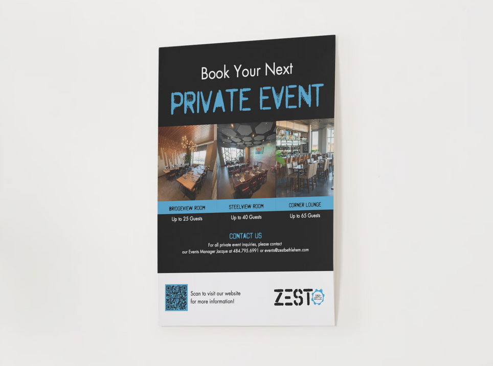 Event flyer reading “Book Your Next PRIVATE EVENT” with a dark theme and venue photos.