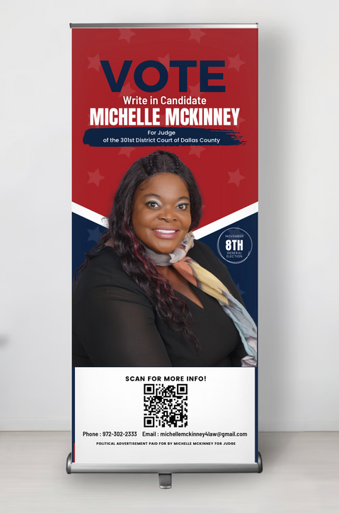 Political campaign banner for Michelle McKinney, featuring a red, white, and blue design with her portrait and a QR code.