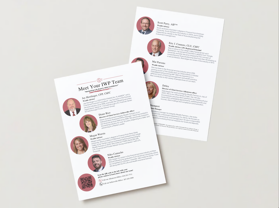 Two printed resume pages with circular profile photos and text on a light background