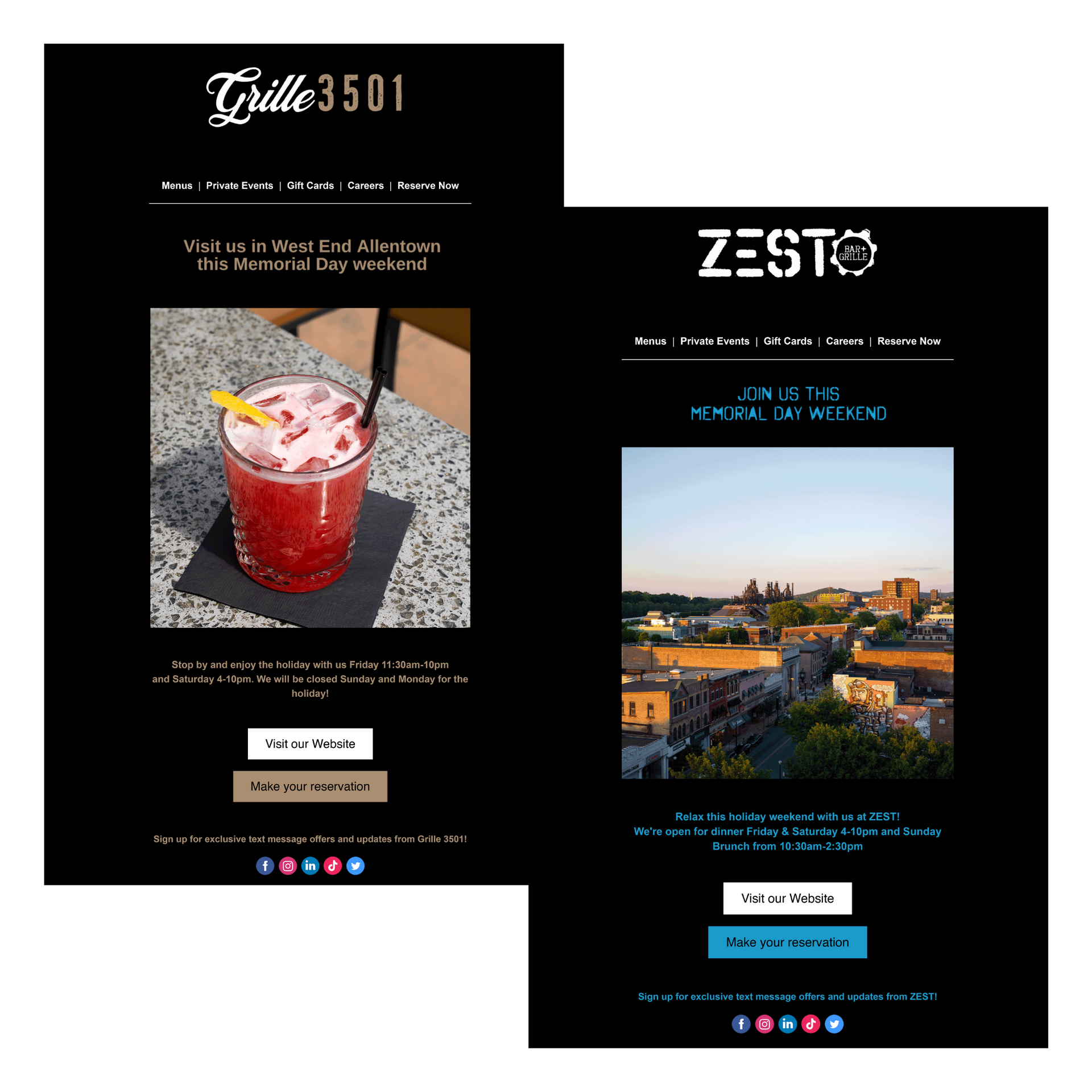 Two black restaurant promo posts, one with a red iced drink and one with a city sunset view.
