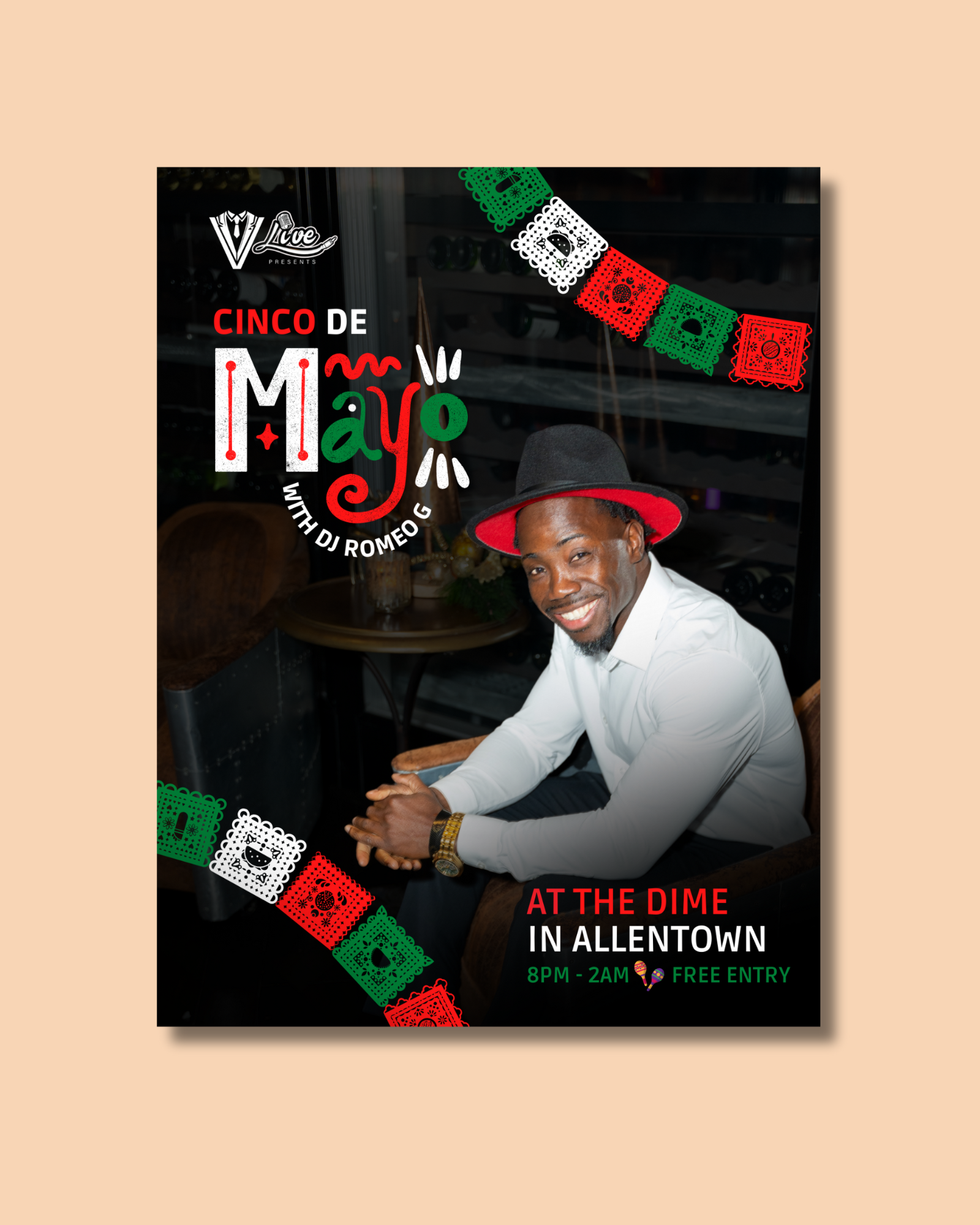 Cinco de Mayo poster with a man in a red hat and black shirt, framed by red and green papel picado.