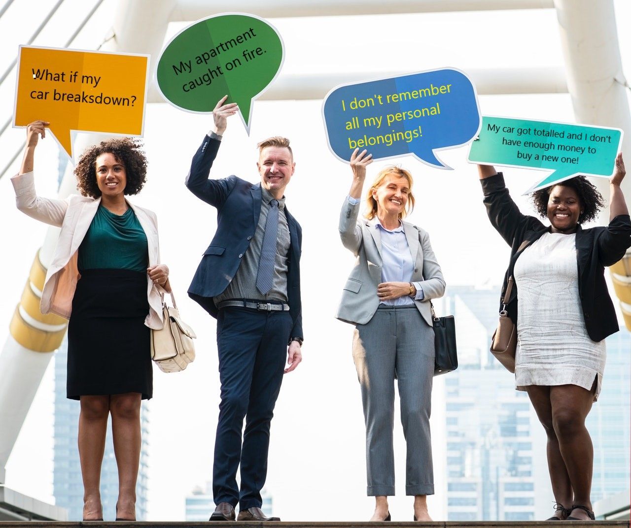 A group of people are standing next to each other holding up signs.