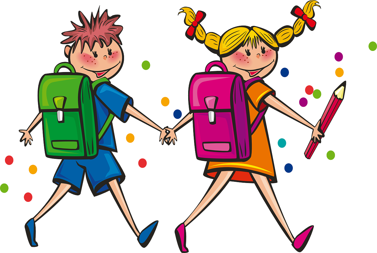 A boy and a girl with backpacks are holding hands