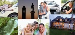 A collage of pictures of people , a car , a waterfall , and a house.