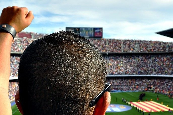 A man with his fist in the air watching a soccer game