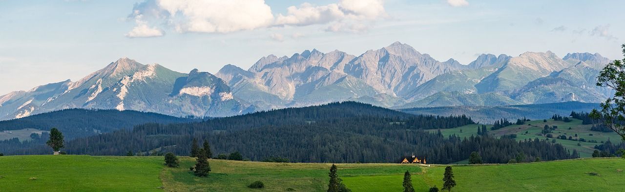 There are mountains in the background and a field in the foreground.