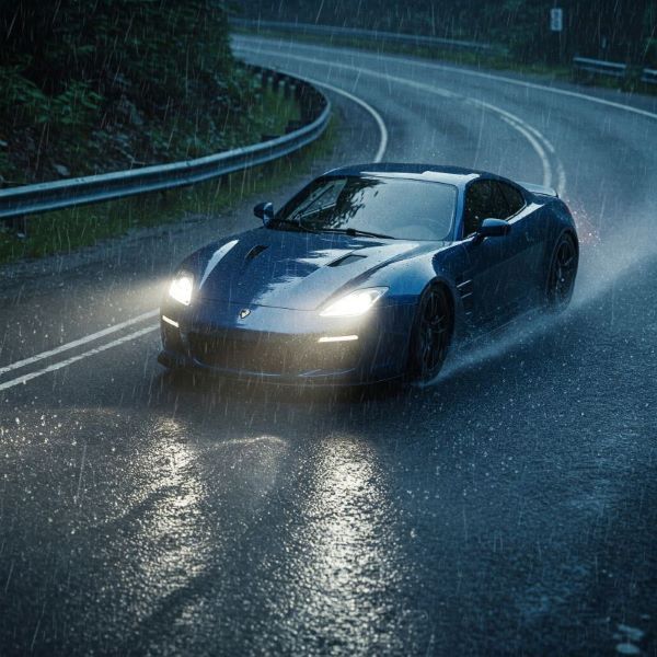 A blue sports car is driving down a wet road in the rain.
