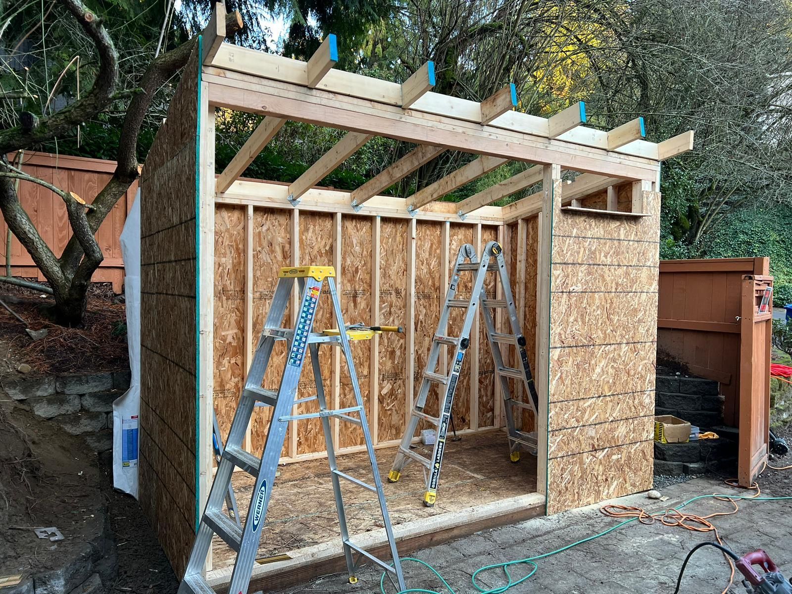 Partially framed backyard shed under construction with ladders and plywood walls