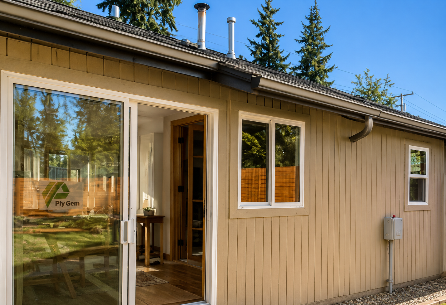 Exterior of a beige house with sliding glass doors, windows, and a sunlit patio area
