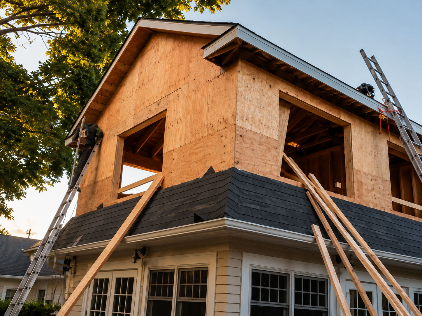 House under construction with exposed plywood walls and roof beams, viewed from below at sunset