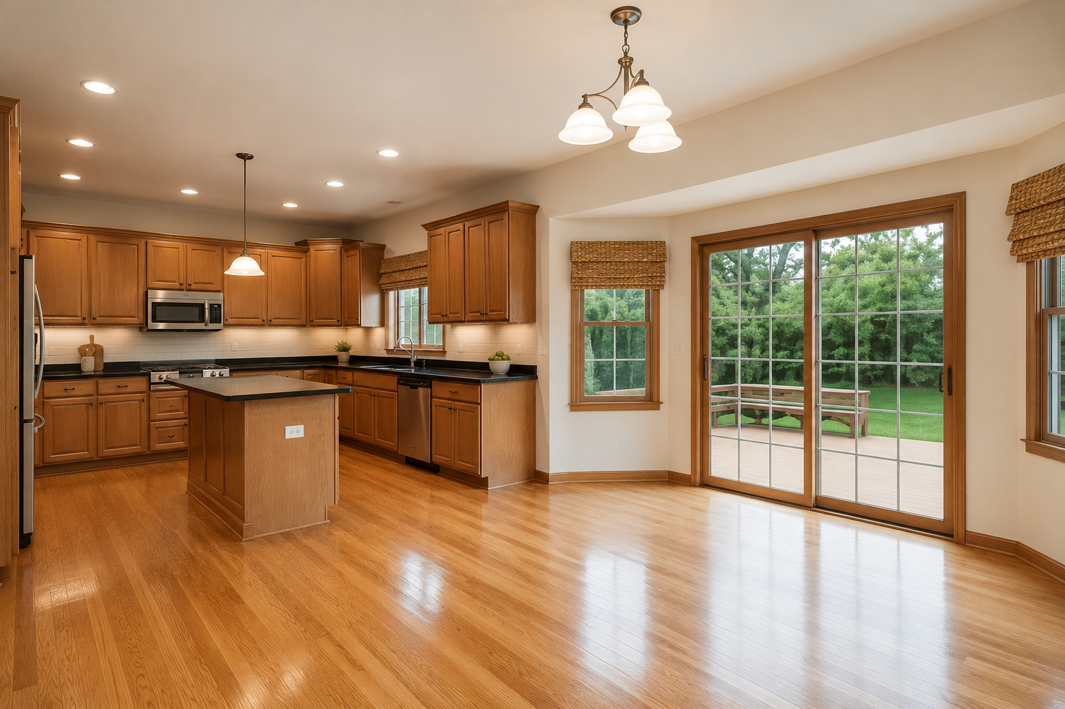 Spacious hardwood kitchen and dining area with wood cabinets, island, and sliding glass doors to a patio.