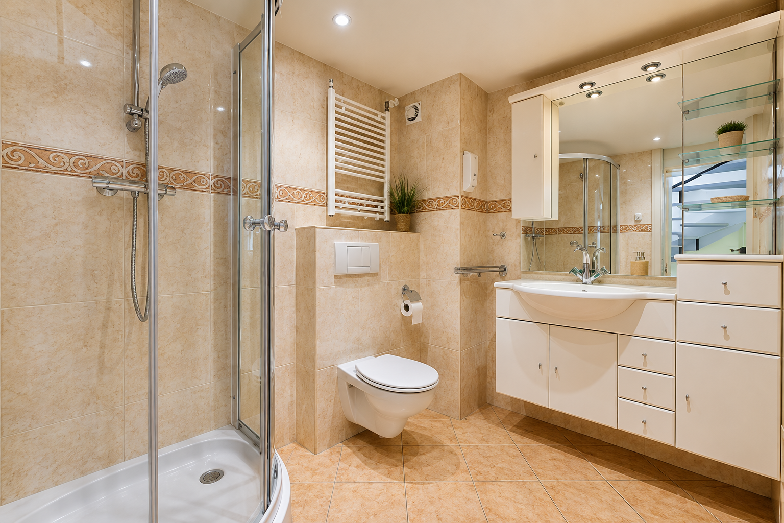 Modern beige bathroom with glass shower, wall-hung toilet, and vanity with mirror￼