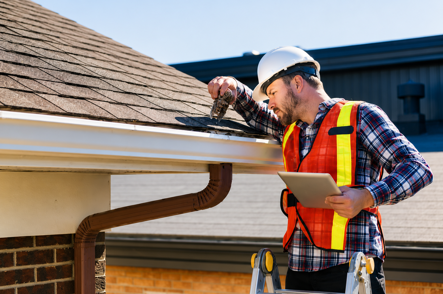 Worker inspecting roof gutter with clipboard and tools, wearing orange safety vest and hard hat.