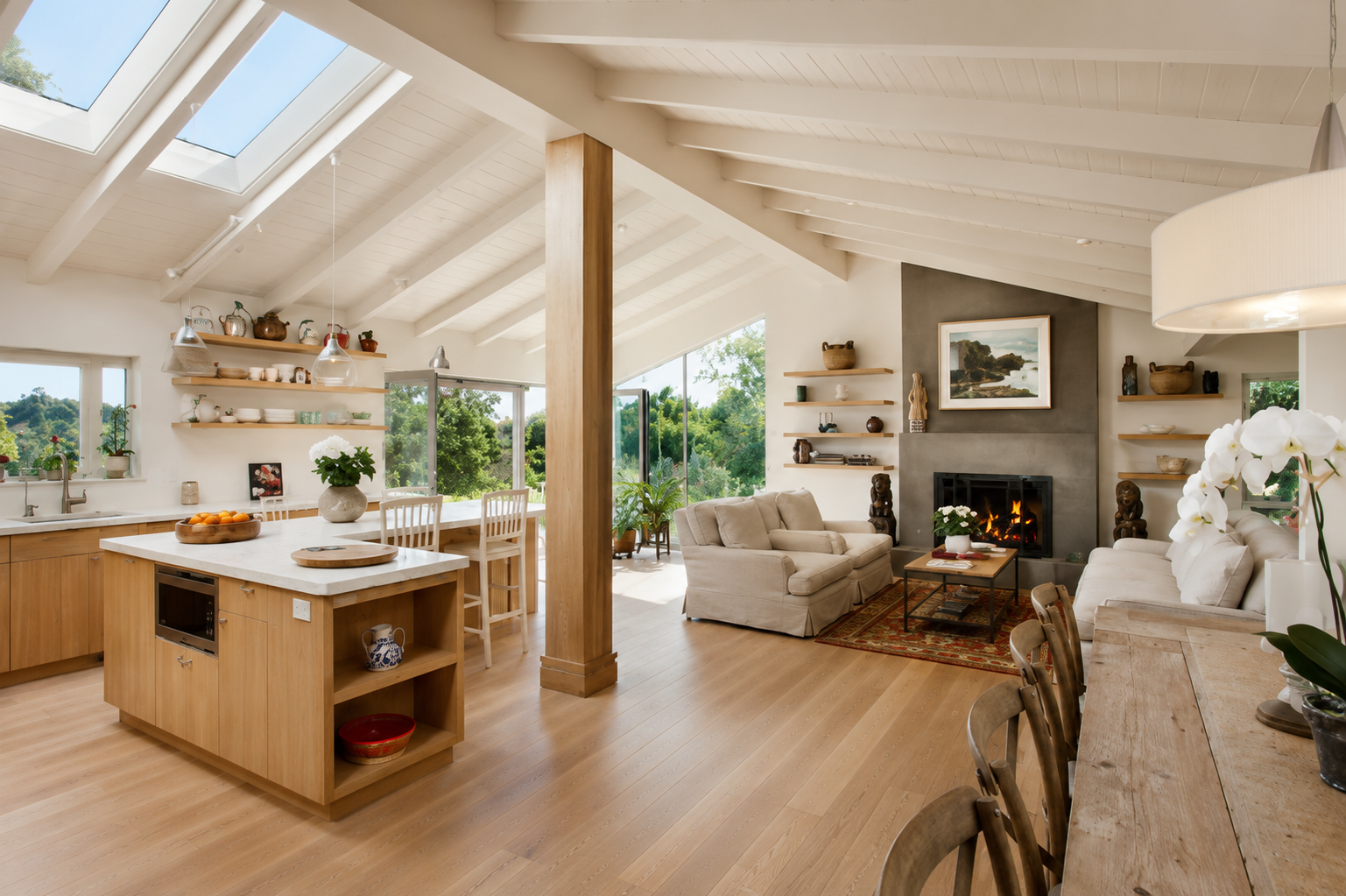 Bright open-plan kitchen and living room with wood beams, skylights, fireplace, and large windows