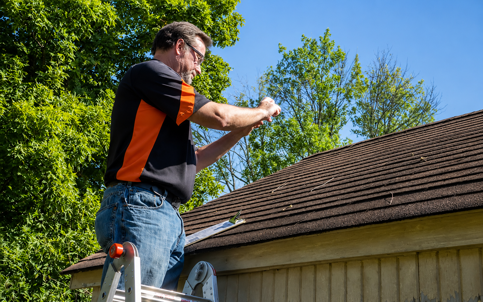 Man on a ladder inspecting a brown shingled roof beside a beige house on a sunny day